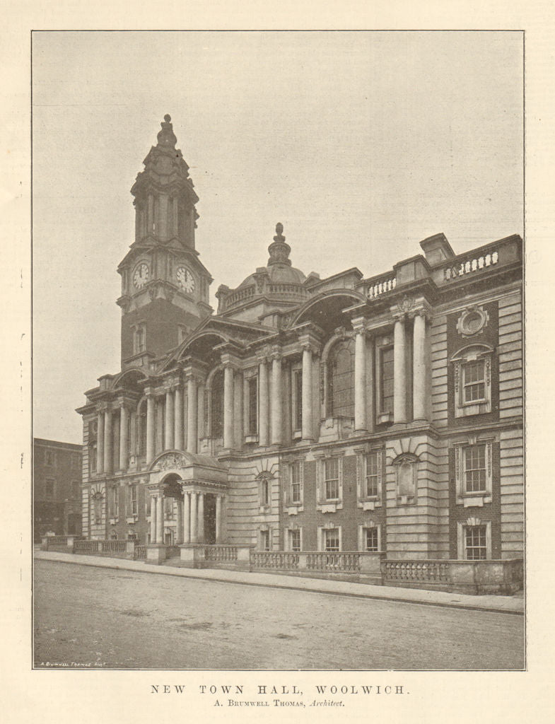 New Town Hall, Woolwich, A. Brumwell Thomas, Architect. London 1906 old print